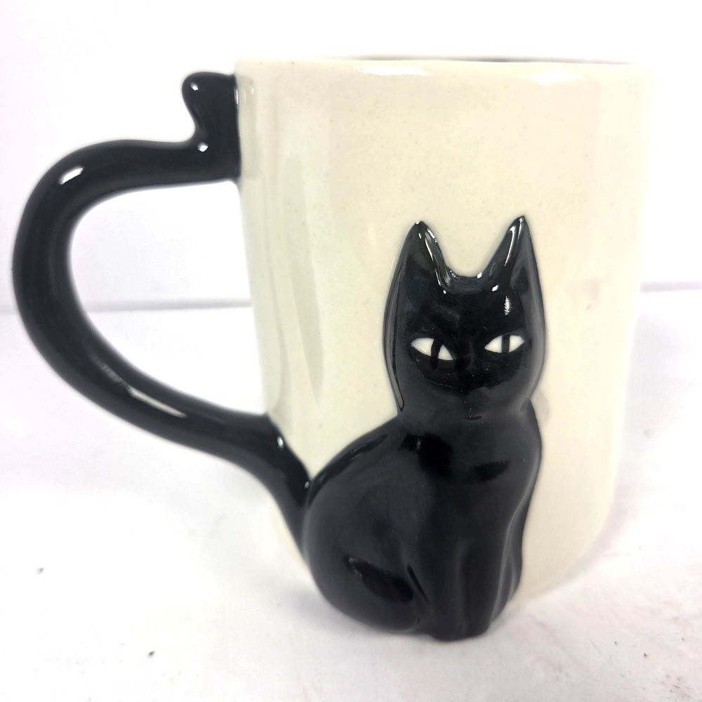 Rae Dunn Feline Spooky Black Cat Mug 3D Tail Handle Halloween Cream Ceramic